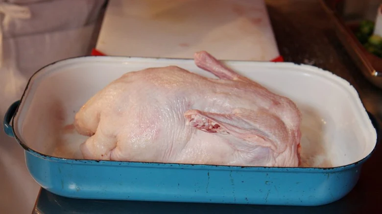Celá nepečená kachna v modrém plechovém nádobí