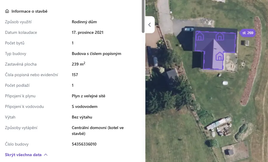 Satelitní mapa rodinného domu s údaji o nemovitosti